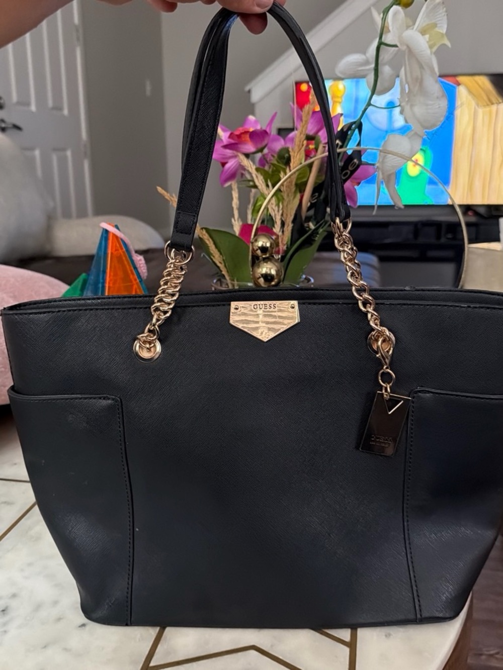 GUESS Black Tote with Gold Chain Accents